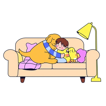 A Labrador with a shiny golden coat is snuggling next to a child sitting on a cozy sofa. The child has short brown hair and is wearing a soft, colorful sweater. Both the child and the Labrador are wrapped in a thick, checkered blanket that is draping over them. The sofa has a light beige color and is adorned with fluffy cushions. A warm light is coming from a nearby lamp, creating a comfortable atmosphere.