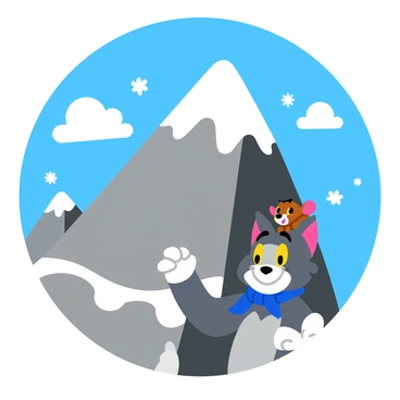 "Tom and Jerry" are depicted climbing a tall mountain with snowy peaks. "Tom" is a gray cat with a determined expression, wearing a blue scarf wrapped around his neck. "Jerry," the small brown mouse, is perched on "Tom's" shoulder, looking excited and cheerful. The mountain is steep and rocky, with patches of snow covering the summit. The sky above is bright blue with fluffy white clouds, adding to the adventure. Small snowflakes are gently falling around them, creating a lively atmosphere as they journey upward.