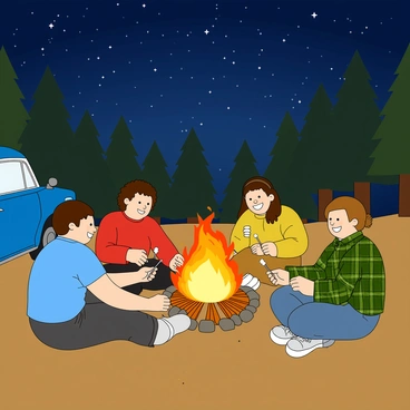 A group of four friends, two men and two women, are sitting around a glowing campfire. The flames are dancing, casting a warm light on their faces. One man has curly hair and is wearing a blue t-shirt, while the other man has short hair and is dressed in a green plaid shirt. One woman has long, wavy hair and is wearing a cozy red sweater, and the other woman has a ponytail and is in a yellow jacket. To the side, a vintage blue car is parked, its headlights off, and the starry night sky is filled with twinkling stars above them. The friends are laughing and sharing stories, with marshmallow sticks in hand, ready to roast marshmallows over the fire. The surrounding area is filled with tall trees, silhouetted against the night sky.