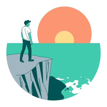 A teal man is standing on the very edge of a rugged gray cliff, gazing out towards the horizon. His silhouette is outlined against a bright orange sky as the sun begins to set, casting a warm glow over the scene. The man's hair is blowing gently in the wind, and he is wearing a fitted white shirt and dark blue pants. Below the cliff, there are steep rocks leading down to crashing waves. The horizon stretches far into the distance, where the ocean meets the sky in a seamless blend of colors.