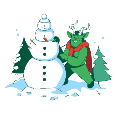 Krampus building a large snowman with a carrot nose