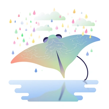 A large manta ray with intricate patterns on its wings is gracefully moving through a cascade of shimmering raindrops. Each raindrop reflects a rainbow of colors, creating a sparkling effect around the manta ray. The background features soft clouds in various pastel shades, suggesting a dreamy atmosphere. Below, a tranquil ocean surface mirrors the colors from the raindrops, enhancing the whimsical feel of the scene. The manta ray glides effortlessly through the air, with its wings elegantly extended, as if dancing among the falling droplets.