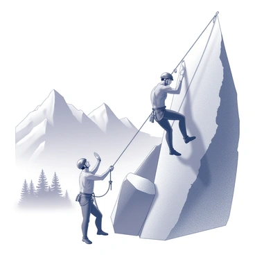 A climber is ascending a steep rock face, wearing a helmet and harness. Their partner stands securely on the ground, holding the rope with one hand while the other hand is raised, signaling encouragement. The background features a rugged mountain landscape, with jagged rocks and a sparse collection of trees. The climber is focused, with muscles tense as they reach for the next hold, showcasing determination. The rope connecting them is taut, indicating the partner's support and trust in the climber's abilities.