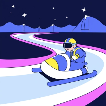 A luge athlete in a streamlined racing suit is positioned on a sled as they race down a winding track. The athlete's helmet has a shiny visor reflecting the lights. Above, a starry night sky is dotted with bright stars. The track is illuminated by bright stadium lights, casting rays down onto the icy surface, highlighting the contours and curves. The surrounding landscape is dark, providing contrast to the glowing track.