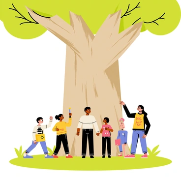 A large tree with children carving their names into the trunk, symbolizing friendship.