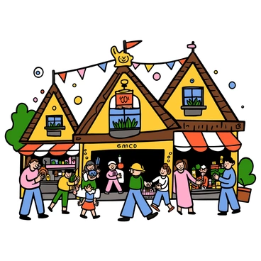 A quaint village market bustling with activity, featuring a variety of colorful stalls selling fresh fruits, vegetables, and handmade crafts. At the entrance, there is a "lucky cat" statue, a ceramic figure with a raised paw and a friendly smile. The market is surrounded by charming old buildings with wooden beams and flower boxes in the windows. People of different ages are walking around, shopping, and chatting with one another, while a few children are playing nearby. Bright banners and decorations hang above the stalls, adding to the lively atmosphere of the market.