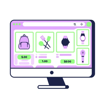 A computer screen is displaying a variety of products on an online market platform. The screen shows a grid layout with multiple product images arranged neatly. Each product is surrounded by a green outline. There are items such as a purple backpack, a set of green kitchen utensils, and a stylish purple watch. Below each product image, there is a green price tag labeled with the product price. The background of the computer screen is a simple layout with navigation tabs and a green search bar at the top.