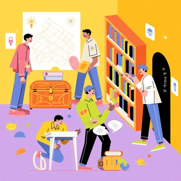 A group of five friends is gathered in a themed escape room, with bright colored walls decorated with mysterious symbols and illustrations. One friend is examining a large map on the wall, while another is crouched beside a wooden chest with intricate carvings, searching for clues. A third friend is inspecting a bookshelf filled with old books, looking for hidden compartments. The fourth friend is holding a flashlight, illuminating a dark corner where a secret door is partially visible. The last friend is excitedly pointing at a clue inscribed on a nearby table. Various props, such as keys and puzzle pieces, are scattered around the room, adding to the atmosphere of mystery and adventure.
