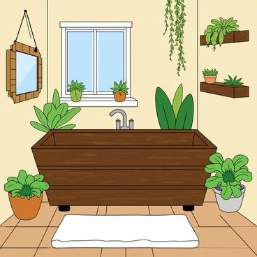 A spacious bathroom featuring a large wooden tub crafted from dark-stained timber. The tub is positioned centrally, with a soft white bath mat placed in front of it. Surrounding the tub, various green plants are potted in eco-friendly containers, adding a touch of nature. There are hanging ferns from the ceiling and small succulents on the ledge of a window, which allows natural light to filter in. The walls are adorned with decorative pieces made from recycled materials, such as a mirror with a frame made of reclaimed wood and shelves made from old pallets. The floor is tiled with earth-toned, recycled tiles, enhancing the sustainable ambiance.