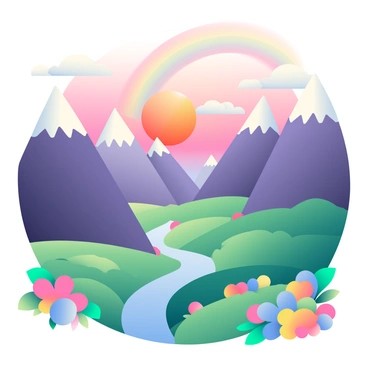 A fantasy landscape features towering mountains with sharp peaks covered in snow. The mountains are painted in vibrant shades of purple and orange, blending into each other seamlessly. Below, there are lush green valleys with winding rivers flowing through them. The valleys are dotted with large, colorful flowers in various shades of blue, pink, and yellow. In the sky, there are fluffy white clouds scattered among the brilliant sunset colors of pink and gold. A rainbow arcs gracefully over the scene, adding to the magical atmosphere.