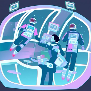 Inside a space station with astronauts floating and operating high-tech equipment