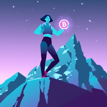 A person with medium skin tone and short black hair is standing triumphantly on a rugged mountain peak. They are wearing a sleek, futuristic outfit that reflects light, enhancing the overall ambiance of the scene. In their right hand, they hold a "glowing bitcoin" that emits a soft, radiant light. The sky behind them is a gradient of deep blue and purple, dotted with stars. The mountain terrain is rocky and steep, with sharp cliffs and patches of snow visible in the background. The scene conveys a sense of achievement and the merging of nature with technology.