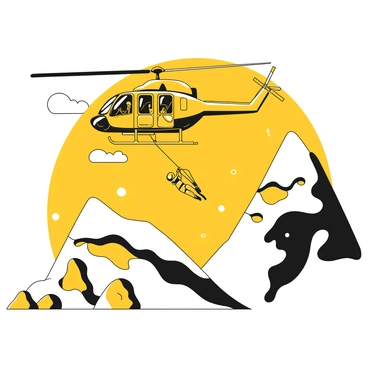 A rescue helicopter with yellow and black markings is descending towards a snowy mountain peak. The helicopter's rotors are in motion, creating a flurry of snowflakes around it. Below, the mountain is covered in a thick layer of white snow, with rugged rocky outcrops visible in the harsh terrain. The sky above is clear, creating a stark contrast between the bright yellow of the helicopter and the surrounding white landscape. A rescue team member can be seen preparing to rappel down from the helicopter as it hovers close to the snow.