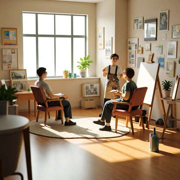 A cozy artist's studio with warm wooden floors and soft, natural light streaming in through large windows. The walls are adorned with various canvases in different stages of completion, showcasing a variety of subjects and styles. Nearby, several inspiration boards are filled with colorful swatches, sketches, and photographs that spark creativity. In the center of the room, a client sits on a comfortable chair, listening intently to the artist who stands beside an easel, gesturing towards a canvas. The artist has short hair and wears a paint-splattered apron, with brushes and a palette in hand. Scattered art supplies, such as tubes of paint and paintbrushes, are placed on a nearby table, adding to the vibrant atmosphere of the studio.