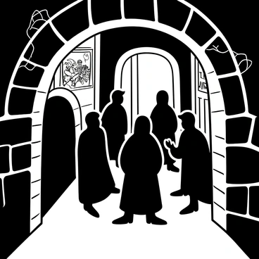A dimly lit castle hallway with stone walls. Flickering torchlight casts shadows across the floor. Several cloaked figures stand together in a huddle, their cloaks draped over their bodies, obscuring their forms. The figures are engaged in a tense discussion, gesturing towards a large, ornate wooden door at the end of the hallway. Cobwebs hang from the corners of the ceiling, and a worn tapestry depicting a battle scene is partially visible on one wall.