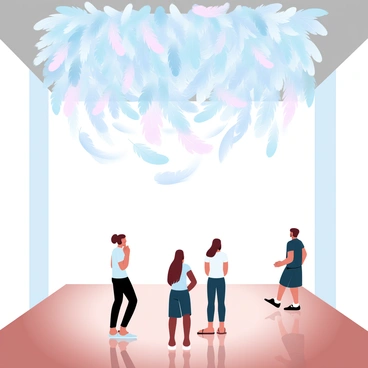 A gallery space features an artistic installation made from hundreds of hanging feathers in various sizes and shades. The feathers are suspended from the ceiling, creating an immersive canopy that captures light from above. Below the cascading feathers, the polished wooden floor reflects soft shadows and highlights. The walls of the gallery are painted in a neutral tone, enhancing the visual impact of the installation. Visitors are seen gazing up at the delicate arrangement, their silhouettes contrasting against the backdrop of floating feathers.
