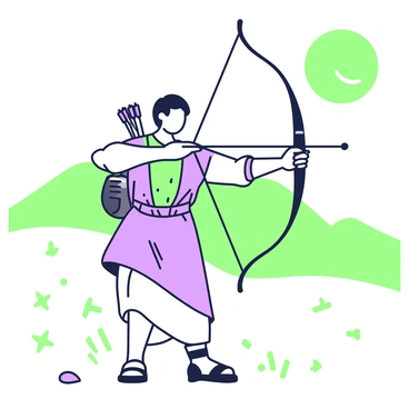 An archer in desert attire aiming a bow against the backdrop of sand dunes