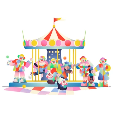 A colorful carousel is positioned in the center of the scene, adorned with bright lights and intricate designs. Surrounding the carousel are several harlequin clowns, each wearing vibrant, patterned outfits featuring a mix of diamonds and stripes in bold colors like red, blue, green, and yellow. The clowns have exaggerated facial expressions, with oversized shoes and colorful wigs. Some clowns are juggling brightly colored balls, while others are playfully interacting with children nearby. The ground is painted with a vivid checkerboard pattern that complements the clowns' outfits, creating a festive atmosphere.