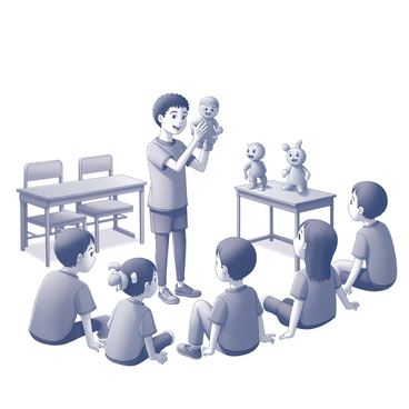 A student is standing in front of a group of classmates. The student is holding a colorful handmade puppet, skillfully manipulating it to create lively movements. The classmates, seated on the floor, are watching intently, with expressions of amusement and curiosity. The setting is a classroom, with wooden desks and chairs in the background. Various other puppets are displayed on a small table nearby, showcasing the student's creativity. The lighting highlights the student's enthusiasm as they engage their audience with animated storytelling.