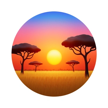A wide savannah landscape featuring tall grass and scattered acacia trees. The acacia trees are silhouetted against a vibrant setting sun, casting long shadows on the ground. The sky displays hues of orange and pink, blending into deep blue as the day transitions to night.