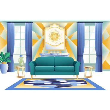 A spacious room features elegant art deco-inspired design elements. The walls are adorned with bold geometric patterns in gold and deep blue. In the center, a plush velvet sofa in rich emerald green is complemented by a pair of gold-finished side tables. A large mirror with an intricate sunburst design hangs above a sleek marble console table. The floor is covered with a large area rug showcasing a striking art deco motif. Soft light filters through large windows with heavy drapes, illuminating the luxurious furnishings and creating a warm atmosphere.