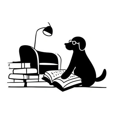 A black labrador is sitting on a wooden floor, wearing reading glasses that rest on its snout. In front of the dog, there is an open book with visible text on the pages. The dog appears focused on the book, with its ears perked up. Nearby, there is a cozy armchair, and a small stack of additional books is placed beside it. A softly glowing lamp casts light over the scene.