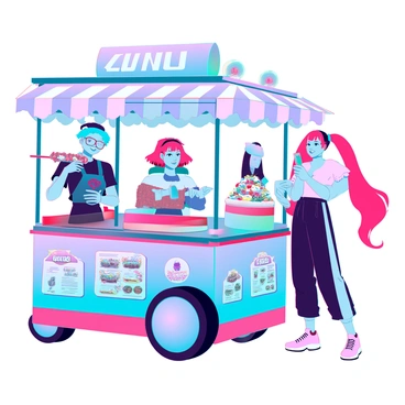 A group of anime characters with diverse hairstyles and clothing styles is gathered around a vibrant street food cart. One character with bright blue hair wearing a casual outfit holds a skewer of grilled meat, taking a bite while smiling. Another character, with long pink hair in twin tails, is reaching for a colorful dessert topped with fruit and whipped cream. A third character, sporting glasses and a cap, is pointing at a menu filled with illustrations of various treats. The cart is adorned with colorful banners and lights, and the scene captures the lively atmosphere of the bustling street.