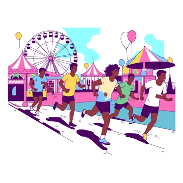 A group of athletes wearing vibrant jerseys is participating in a relay race, with each runner passing a baton to the next. The scene is set against a background filled with colorful carnival rides, including a tall Ferris wheel and spinning carousel. Bright game booths with large, colorful signs are visible, enticing spectators with prizes. Balloons in various hues float in the air, adding to the festive atmosphere. The runners are focused and determined, vividly contrasting with the cheerful chaos of the carnival around them.