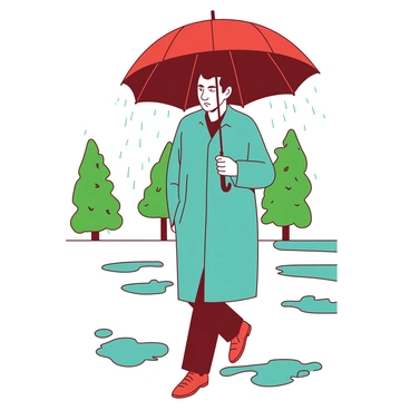 Mr. Sakamoto is walking with a large red umbrella opened above him, shielding him from the rain. He is wearing a light teal raincoat that contrasts with the red of the umbrella. Raindrops are visibly falling around him, creating small splashes on the ground. The scene includes puddles reflecting the colors of the umbrella and the raincoat. Mr. Sakamoto has a focused expression as he navigates the wet pavement, surrounded by a few green trees in the background.