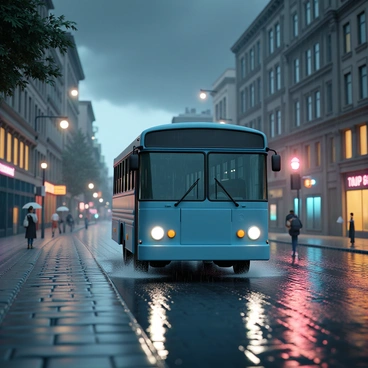 A blue school bus driving through a rain-soaked city street, with raindrops visibly splashing as the wheels hit the water puddles. The bus has large windows reflecting the surrounding buildings, which are glistening from the rain. The street is lined with wet cobblestones, and the traffic lights are illuminated in vibrant colors. Dark storm clouds fill the sky, while a few pedestrians with umbrellas are seen in the background, navigating the slick conditions.