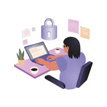 A person sitting at a modern desk, browsing the internet on a laptop. The person has medium skin and shoulder-length black hair, wearing a blue t-shirt and glasses. There is a large, shiny silver padlock hovering above the laptop, symbolizing online security. The background features a white wall with a few colorful sticky notes and a potted plant on the desk. The laptop screen displays a webpage filled with information, and a coffee cup is placed next to the laptop. The overall composition highlights the concept of internet safety.