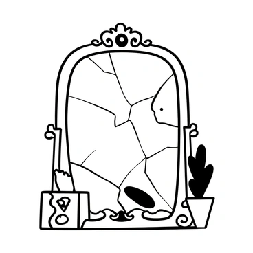 A mirror reflecting an envious face, with a cracked glass surface