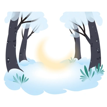 A section of the forest floor is illuminated by a "magical glow" that casts a warm light across the snow-covered ground. The surrounding snow is lightly dusted with frost, creating a delicate sparkle in the light. Tall trees with dark bark rise around the glowing area, their branches heavy with fresh snow. Small patches of green foliage peek out from beneath the white blanket, contrasting with the surrounding winter landscape. The soft light creates gentle shadows, enhancing the mystical atmosphere of the scene.
