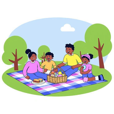 A joyful family picnic scene in a park. The picnic blanket is spread out on the grass and features a colorful checkered pattern. In the center of the blanket is a wicker picnic basket filled with various food items, including sandwiches, fruits, and snacks. A family of four is happily sitting on the blanket. The parents are smiling at each other while the children are playing with a frisbee nearby. Green trees and a clear blue sky are visible in the background.