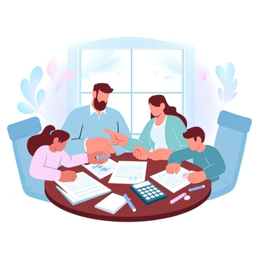 A family of four is sitting around a wooden table that is covered with paperwork and a calculator. The father is pointing to a financial chart on the table, while the mother is taking notes on a notepad. The two children are focused on the papers, with one child holding a pencil and looking at a budget sheet. Various stationery items, such as pens and sticky notes, are scattered around the table. In the background, there is a large window allowing light to filter through, while decorative plants add a touch of greenery to the scene.