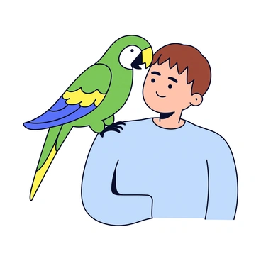 A colorful parrot with vibrant green, blue, and yellow feathers is perched happily on a person's shoulder. The person has short brown hair and is wearing a light blue shirt. The parrot's eyes are bright and cheerful, and its beak is slightly open. The background is minimalistic, emphasizing the interaction between the person and the parrot.