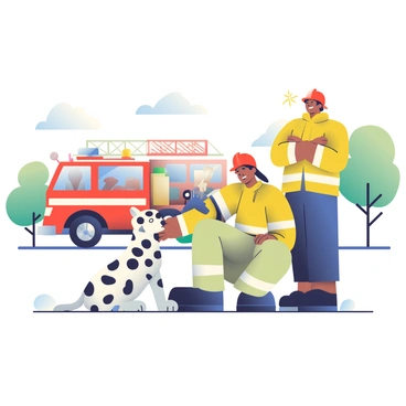 A dalmatian dog with distinct black spots is sitting proudly on the ground. The dog is positioned beside a group of firefighters, who are wearing bright red helmets and yellow jackets. One firefighter is kneeling down to pet the dog, while another stands with arms crossed, smiling. In the background, a fire truck with a ladder extended is parked, and there are trees lining the scene. The sun is shining down, casting soft shadows on the ground.