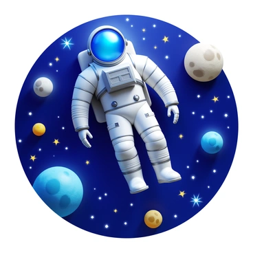 A colossal astronaut in a Goliath suit floating in space. The astronaut is surrounded by multiple moons and sparkling stars. The suit features intricate details with a shiny metallic finish. The moons vary in size and color, some with craters and others smooth. The stars twinkle with bright white and yellow hues, creating a vibrant cosmic backdrop.