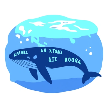 A blue whale is swimming gracefully through the ocean depths. The whale's massive body is adorned with various labels highlighting the impacts of pollution, such as "plastic," "oil spill," and "chemical waste." Each label is prominently displayed on different sections of the whale's body, contrasting with the deep blue of the ocean surrounding it. Bubbles are rising from the whale's blowhole, and small fish can be seen swimming alongside, creating a vivid underwater scene. The light filters down through the water, illuminating the whale's form and bringing attention to the stark message of environmental impact.