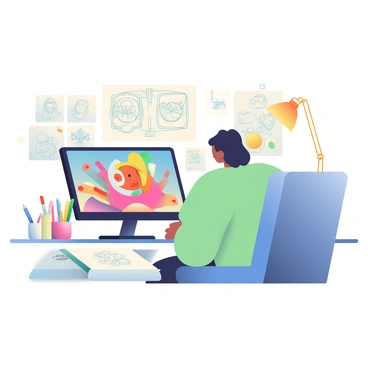 An animator's desk cluttered with sketches, pencils, and a computer showing a cartoon character