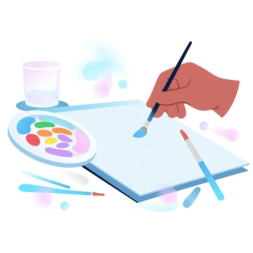 An artist is focused on painting on a 1/16 illustration board. The artist is using a palette filled with various watercolor paints. Brushes of different sizes are scattered around the workspace, with some resting on the edge of the board. The artist's hand is gently applying vibrant colors to the board, blending them seamlessly. A small glass of water sits nearby, reflecting the colors from the palette. A light source illuminates the scene, casting soft shadows around the workspace. 