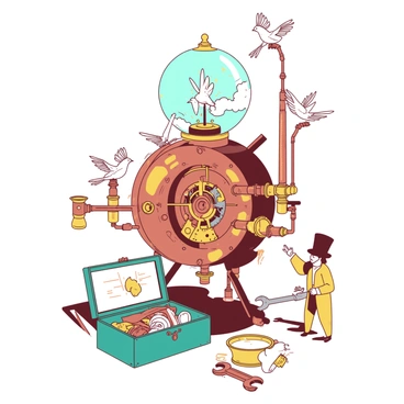 A whimsical mechanical invention stands in the center of the scene, made of intricate brass and copper gears with various pipes and steam vents. The invention has a large round body with a glass dome on top, where colorful lights are softly glowing from within. Various tiny clockwork birds are perched on the edges, their wings made of delicate metal. In the foreground, a teal toolbox filled with tools is scattered around, and a small yellow figure in a top hat is examining the invention intently, holding a wrench in one hand.