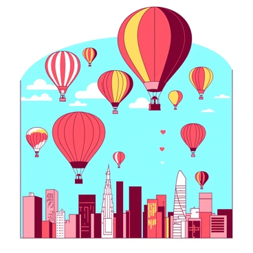 A vibrant hot air balloon festival takes place with numerous balloons in various shapes and designs ascending into the sky. The balloons feature a mix of "red" and "yellow" colors, creating a lively spectacle. Below, the city's skyline is visible, showcasing tall buildings and urban structures. Some buildings have reflections of the balloons on their glass surfaces. The scene captures a clear blue sky, enhancing the colorful display as the balloons drift gracefully upwards.