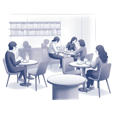 A coffee shop interior filled with wooden furniture and soft lighting. Several tables are occupied by people engaged in various activities. One person is sitting at a small round table, reading a book, with a steaming cup of coffee beside them. Another individual is at a larger table, writing in a notebook with a focused expression. In the background, a group of three friends is seated together, their heads leaning in as they have a quiet conversation. The atmosphere is warm and inviting, with shelves filled with books lining the walls.