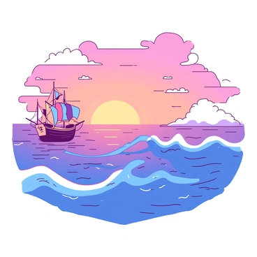 A vast ocean with gentle waves, reflecting shades of color in the water. In the distance, there is a whimsical ship with colorful sails, gracefully sailing across the surface. The sky is filled with vibrant hues of orange and pink as the sun sets on the horizon. Fluffy white clouds are scattered throughout the sky, illuminated by the warm light of the setting sun. The scene captures a peaceful moment on the water as the ship continues its journey.