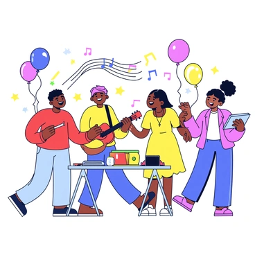 A group of five artists is gathered in a bright room, animatedly enjoying a lively after-party. They are dressed in casual, colorful clothing, with one wearing a red shirt and another in a yellow dress. Each artist has a unique artistic tool in hand, like a paintbrush, a guitar, or a sketchpad. In the background, there are decorations such as balloons and streamers. A small speaker is placed on a table, emitting musical notes represented by colorful lines. The atmosphere is filled with joy as they dance and laugh together, capturing the essence of celebration.