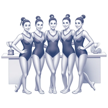 A group of five gymnasts posing together for a team photo. They are standing in a line, each wearing matching athletic leotards that feature various patterns. The gymnasts have distinct hairstyles, with some having braids and others wearing their hair in high ponytails. Each athlete is smiling, expressing a sense of accomplishment. In the background, there are trophies and medals displayed on a table, indicating their success in the competition. The lighting highlights the determination and pride in their faces as they celebrate their teamwork and hard work.