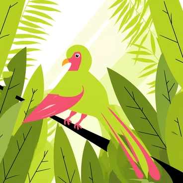 A resplendent quetzal bird with vibrant green and red plumage perched among dense green foliage. The bird's long tail feathers extend gracefully, blending into the surrounding leaves. Sunlight filters through the branches, creating dappled light patterns on the bird and the lush plants around it. Various shades of green foliage surround the quetzal, enhancing its camouflage in this vibrant habitat.