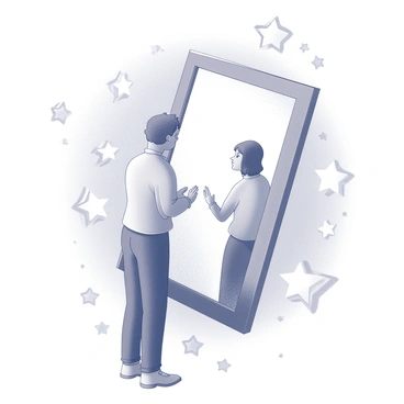 A person stands in front of a large mirror, gazing intently at their own reflection. The individual has a thoughtful expression, and their posture suggests a moment of self-reflection. Surrounding the mirror are numerous glowing stars, varying in size, creating a radiant frame that emphasizes the mirror. These stars symbolize guidance and intuition, adding a sense of wonder to the scene, as if illuminating the journey of self-discovery. The overall composition conveys a strong focus on the mirror and its reflective surface, while the surrounding stars enhance the theme of being guided by inner feelings.
