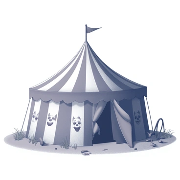 A large, old circus tent is set in a desolate area. The tent features faded vertical stripes, giving it a worn appearance. The canvas walls are adorned with several eerie clown faces, their expressions weathered and unsettling. The ground around the tent is covered with overgrown grass and scattered debris, enhancing the abandoned feel. The entrance of the tent hangs slightly open, revealing a dark interior that suggests neglect. A few broken props can be seen nearby, adding to the atmosphere of desolation.